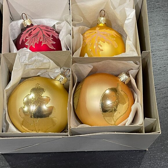 Vtg Glass Christmas Ball Ornaments Glitter Fall Leaf Motif Red Gold Poland Lot - Picture 1 of 7